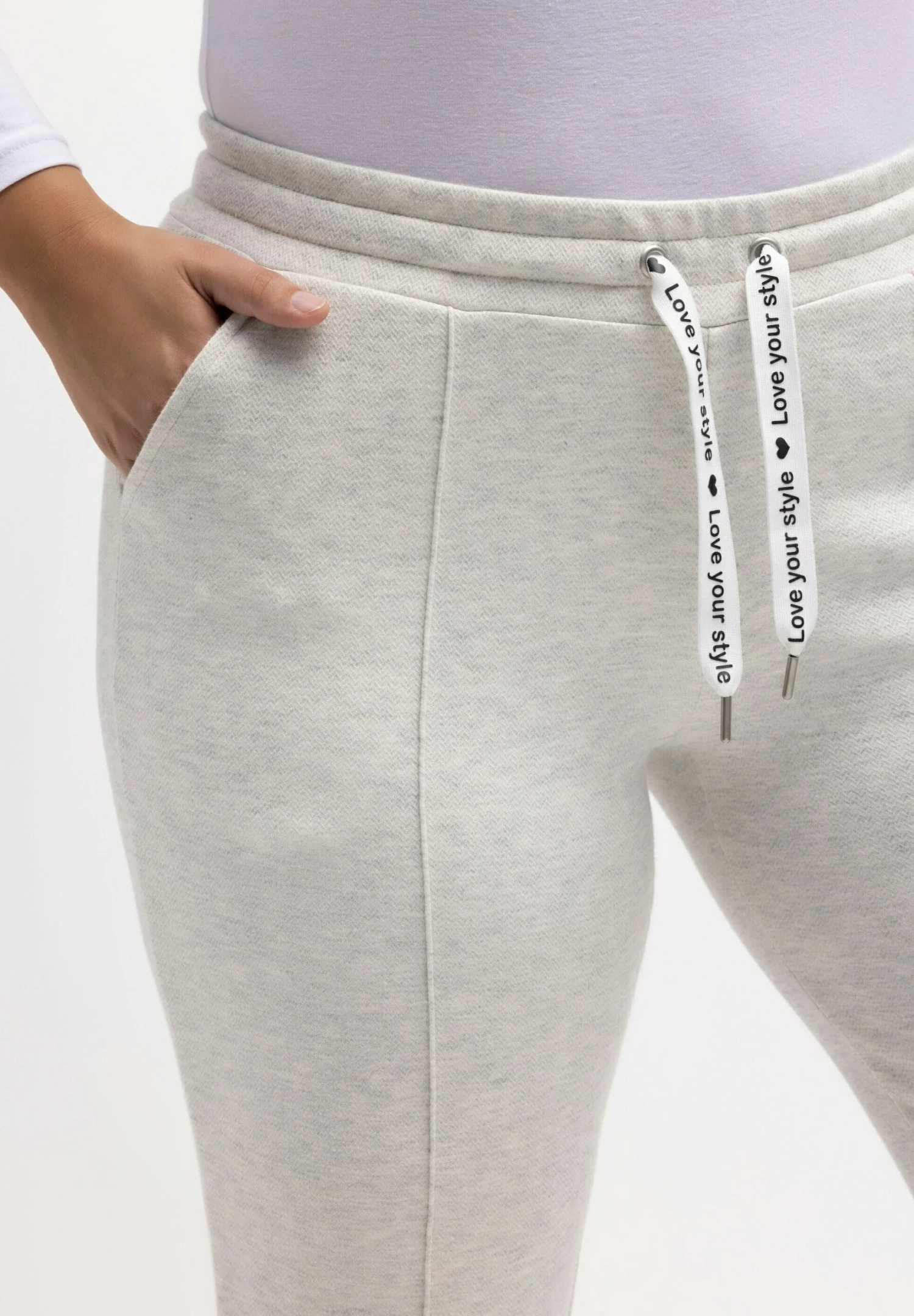 Ulla Popken VISGRAATDESSIN, BIES, ELASTISCHE BAND - Spodnie Treningowe - Lichtgrijs Mélange 5 Ulla Popken VISGRAATDESSIN, BIES, ELASTISCHE BAND - Spodnie Treningowe - Lichtgrijs Mélange - obrazek 3