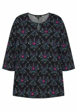 Ulla Popken BLÜTEN RUNDHALS MIT AUSSPARUNG 3/4 ÄRMEL - Bluzka Z Długim Rękawem - Multicolor Schwarz -Ulla Popken 20b0e18f4b0c49daa6edbbc77664c408