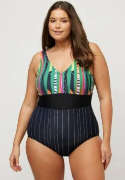 Ulla Popken BUSTE IMPRIMÉ RAYURES BONNETS SOUPLES - Kostium Kąpielowy - Noir