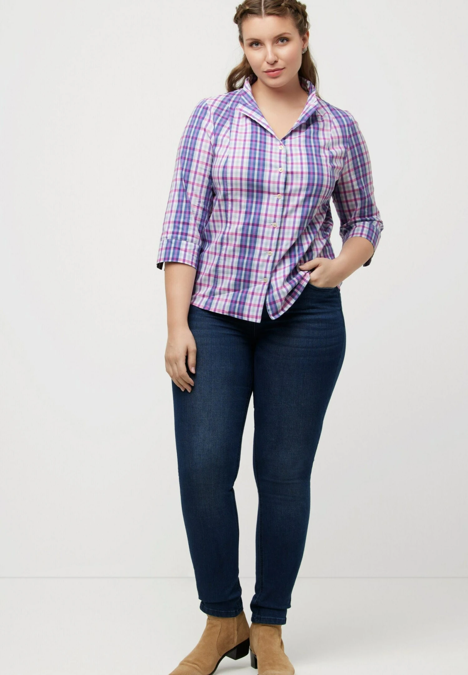 Ulla Popken KARO KELCHKRAGEN 3/4 ARM - Koszula - Dunkles Flieder 4 Ulla Popken KARO KELCHKRAGEN 3/4 ARM - Koszula - Dunkles Flieder - obrazek 2