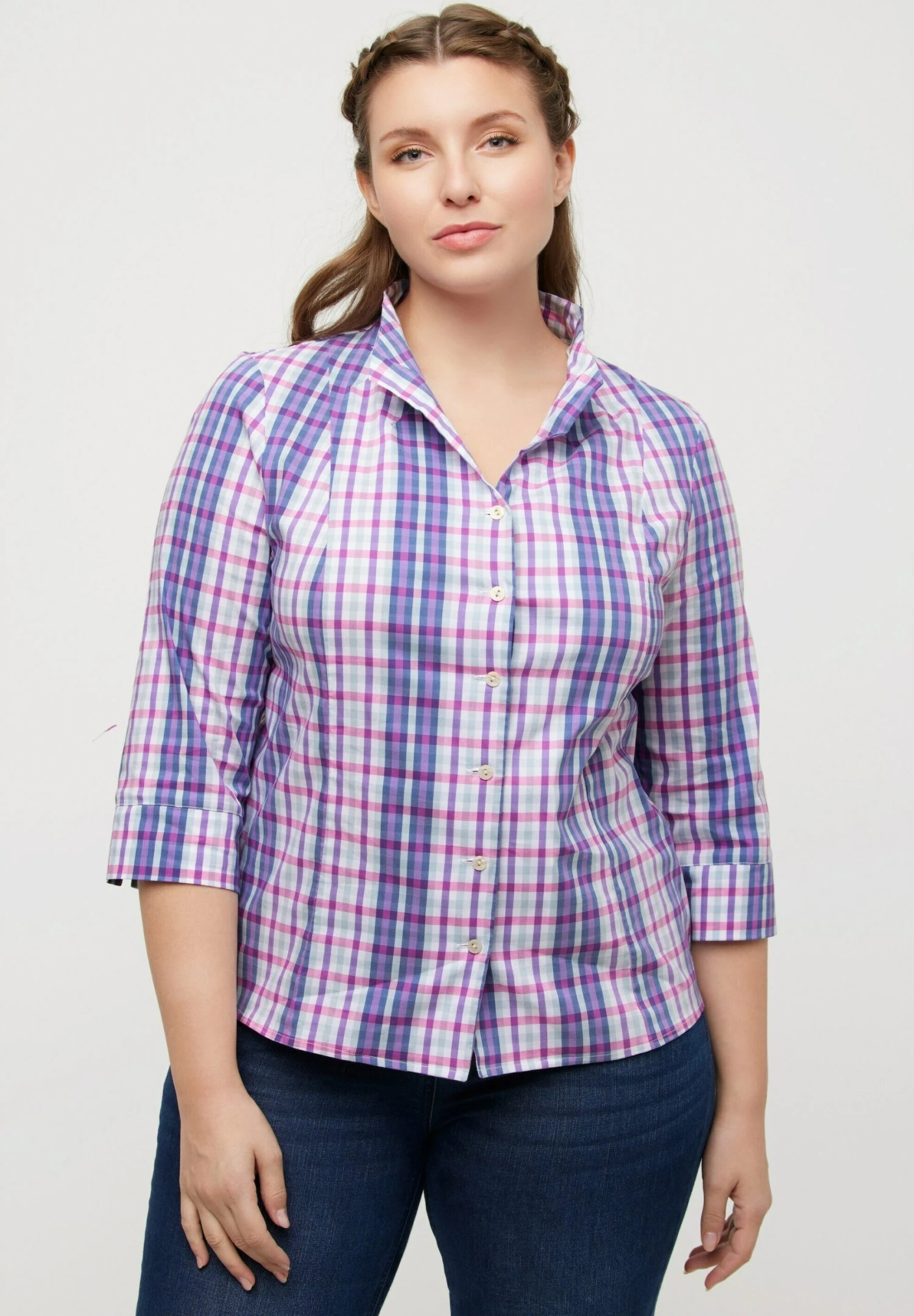 Ulla Popken KARO KELCHKRAGEN 3/4 ARM - Koszula - Dunkles Flieder 3 Ulla Popken KARO KELCHKRAGEN 3/4 ARM - Koszula - Dunkles Flieder