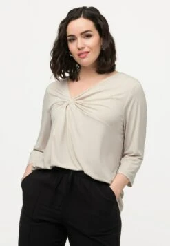 Ulla Popken KNOT FRONT 3/4 SLEEVE V-NECK - Bluzka Z Długim Rękawem - Gray/beige -Ulla Popken 83098db9bc4e4c3886513e8382198d25