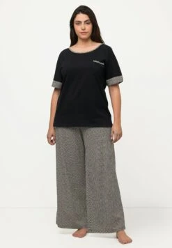 Ulla Popken SET BORSTZAKJE WIJDE PIJPEN RONDE HALS KORTE MOUWEN - Piżama - Zwart