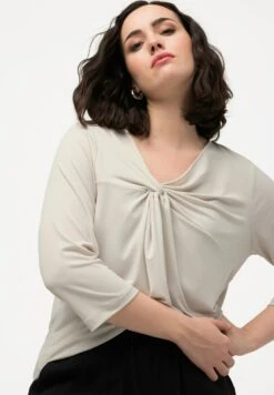 Ulla Popken KNOT FRONT 3/4 SLEEVE V-NECK - Bluzka Z Długim Rękawem - Gray/beige -Ulla Popken 9220627242ce45aab6218f6ea286d562