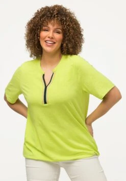 Ulla Popken À MANCHES COURTES ET COL RUBAN À RAYURES - T-shirt Z Nadrukiem - Vert Citron