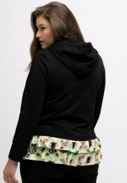 Ulla Popken RUFFLE HEM A LINE FIT - Bluza Z Kapturem - Black -Ulla Popken ce790b558b094593bad2ac6de83225dd