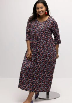 Ulla Popken MIDI, BLUMEN MUSTER, RUNDHALS, 3/4-ÄRMEL - Sukienka Z Dżerseju - Multicolor Schwarz -Ulla Popken fc432bb58b1748e3b457f599e6debae5